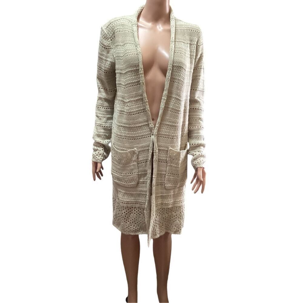 EN CRÈME Long Beige Open Front Cardigan M